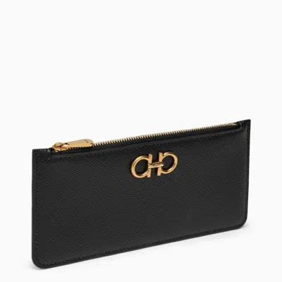 Ferragamo Black Leather Gancini Hook Card Case With Zippered Compartment For Women In Multicolor