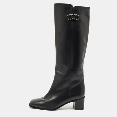 Pre-owned Ferragamo Black Leather Gancini Knee Length Boots Size 38