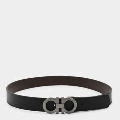 Ferragamo Black Leather Gancini Reversible Belt