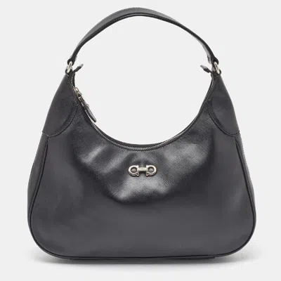 Pre-owned Ferragamo Black Leather Gancini Romana Hobo
