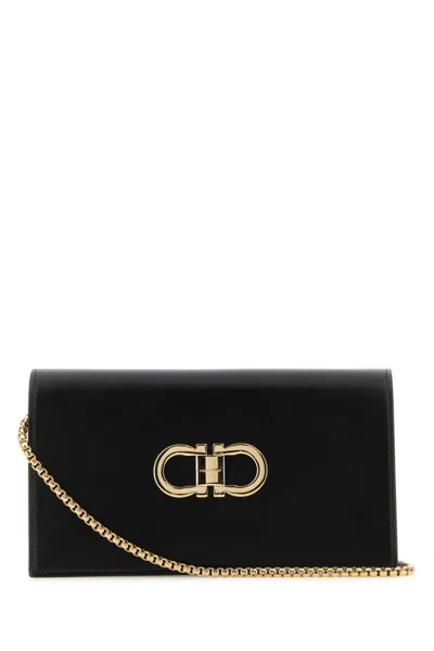 FERRAGAMO BLACK LEATHER GANCINI SHOULDER BAG