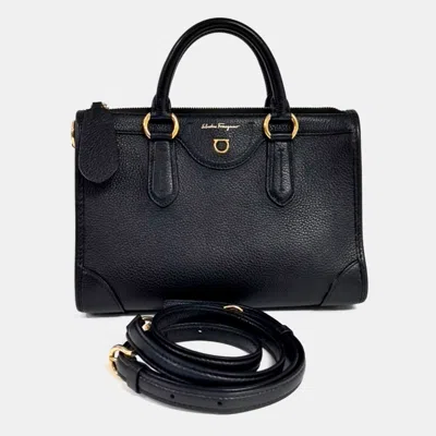 Pre-owned Ferragamo Black Leather Gancini Travel Top Handle Bag