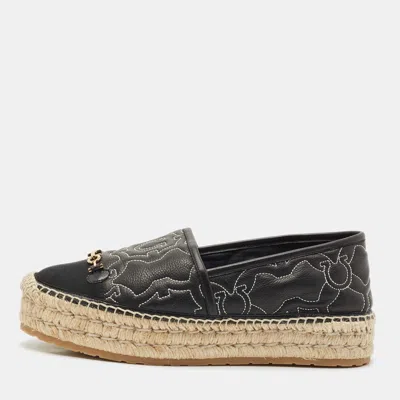 Pre-owned Ferragamo Black Leather Kim Gal Espadrille Loafers Size 40