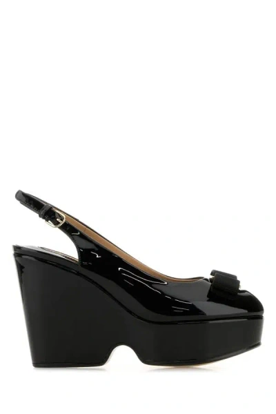 Ferragamo Black Leather Lally Wedges