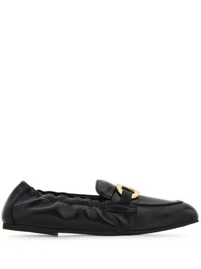 FERRAGAMO BLACK ELASTICATED LEATHER LOAFERS