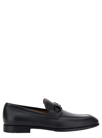 Ferragamo Foster Gancini Loafers In Hammered Leather In Nero