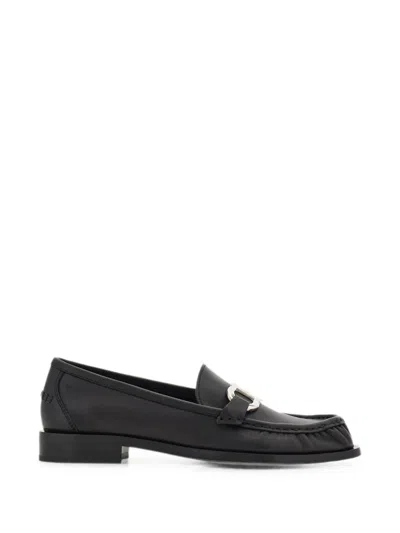 Ferragamo Black Leather Loafers With Silver-tone Metal Bit Detail