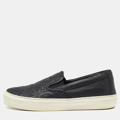 Pre-owned Ferragamo Black Leather Logo Embossed Slip On Sneakers Size 39