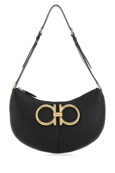 Ferragamo Black Leather Maxi Gancio Shoulder Bag In Multicolor