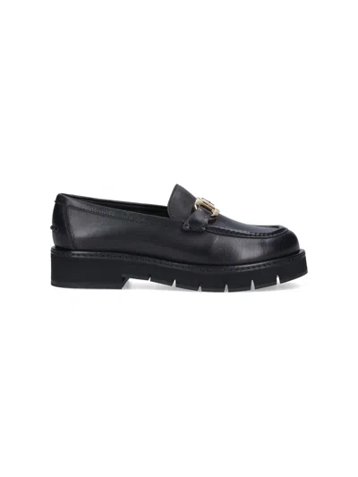 Ferragamo Black Leather Moccasins With Gold-tone Logo Buckle