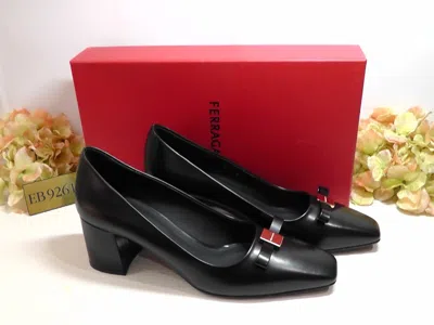 Pre-owned Ferragamo Black Leather Myra Bow Block Heel Pumps Size 9c $850nib