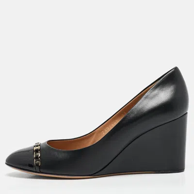 Pre-owned Ferragamo Black Leather Nana Wedge Pumps Size 40
