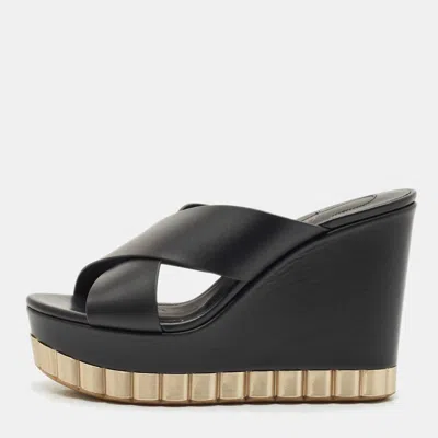Pre-owned Ferragamo Black Leather Nicosia Wedge Sandals Size 37