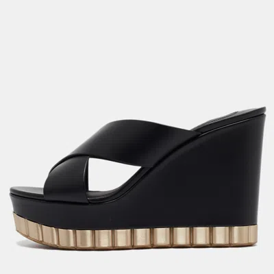Pre-owned Ferragamo Black Leather Nicosia Wedge Sandals Size 39.5