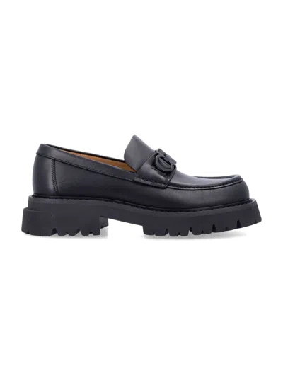 FERRAGAMO BLACK LEATHER PLATFORM LOAFERS
