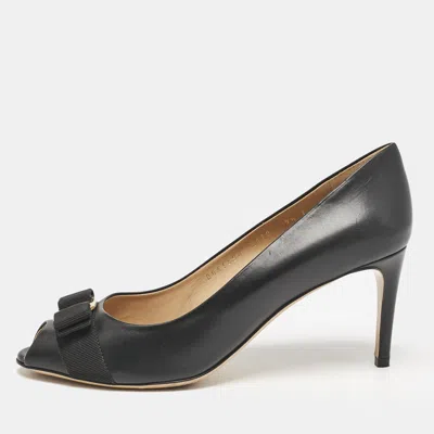 Pre-owned Ferragamo Black Leather Pola Vara Bow Peep Toe Pumps Size 40