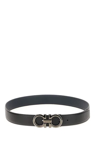 Ferragamo Reversible Textured Calfskin Belt In Black