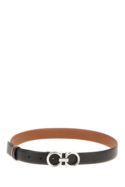 Ferragamo Leather Belt Reversible Adjustable Length Metallic Buckle In Black