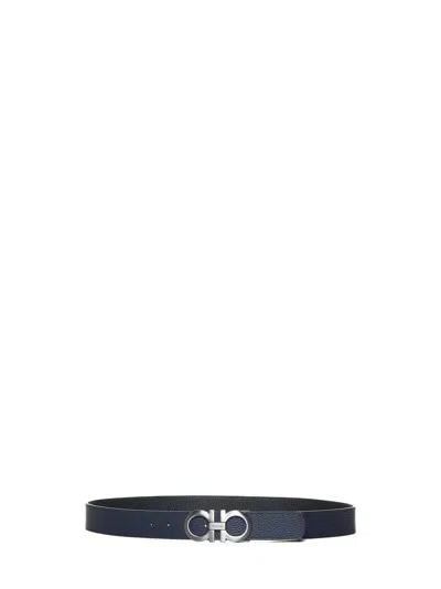 Ferragamo Black Leather Reversible Gancini Belt In Blue