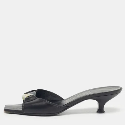 Ferragamo Black Leather Slide Sandals