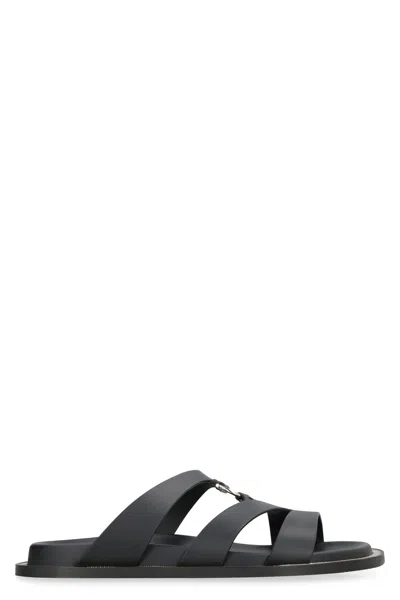 Ferragamo Black Leather Slide Sandals With Front Metal Logo For Women
