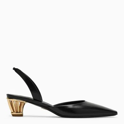 FERRAGAMO BLACK LEATHER SLINGBACK WITH GOLDEN CAGE HEEL FOR WOMEN