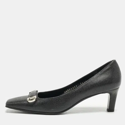 Pre-owned Ferragamo Black Leather Square Toe Pumps Size 37