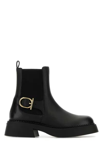 FERRAGAMO BLACK LEATHER TIA ANKLE BOOTS