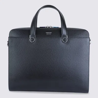 Ferragamo Black Leather Top Handle Bag In Gray