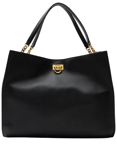 Pre-owned Ferragamo Black Leather Trifolio Gancio Square Tote (authentic Pre-loved)