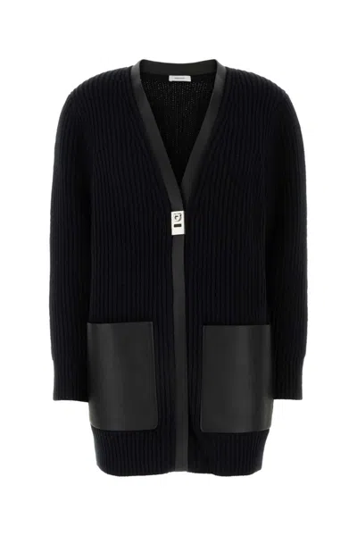 FERRAGAMO BLACK LEATHER-TRIMMED CARDIGAN