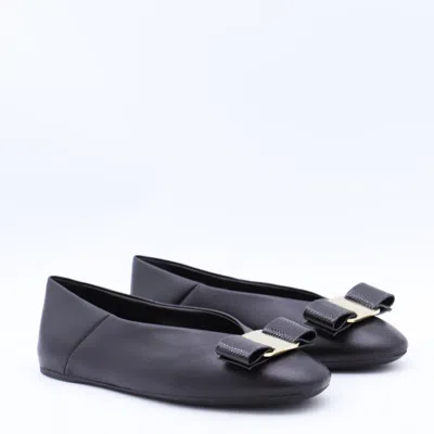 Ferragamo Black Leather Vanna Flats