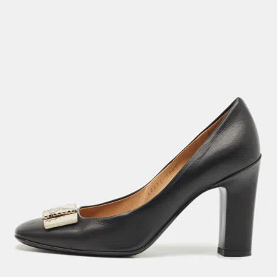 Ferragamo Black Leather Vara Bow Block Heels Pumps