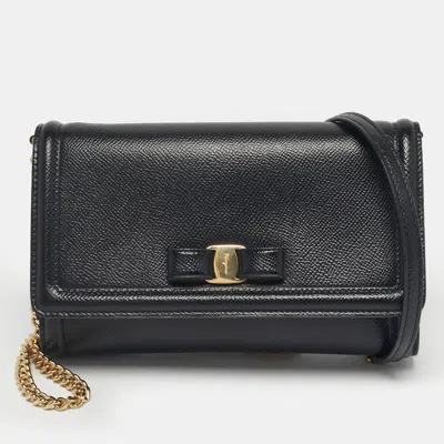 Ferragamo Black Leather Vara Bow Clutch Bag
