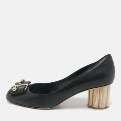 Pre-owned Ferragamo Black Leather Vara Bow Studded Block Heel Pumps Size 40.5
