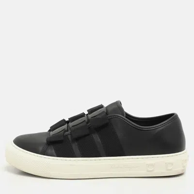 Pre-owned Ferragamo Black Leather Vara Bow Trio Slip On Sneakers Size 38.5