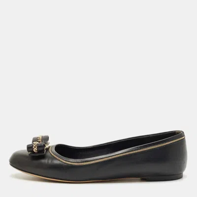 Pre-owned Ferragamo Black Leather Varina Ballet Flats Size 37.5