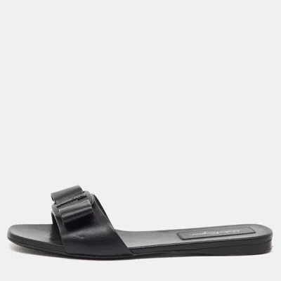 Pre-owned Ferragamo Black Leather Vicky Flat Slide Sandals Size 39