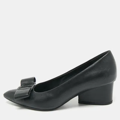 Pre-owned Ferragamo Black Leather Viva Bow Block Heel Pumps Size 37.5