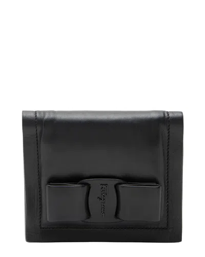 Pre-owned Ferragamo Black Leather Viva Bow Compact Wallet (authentic Pre-loved)