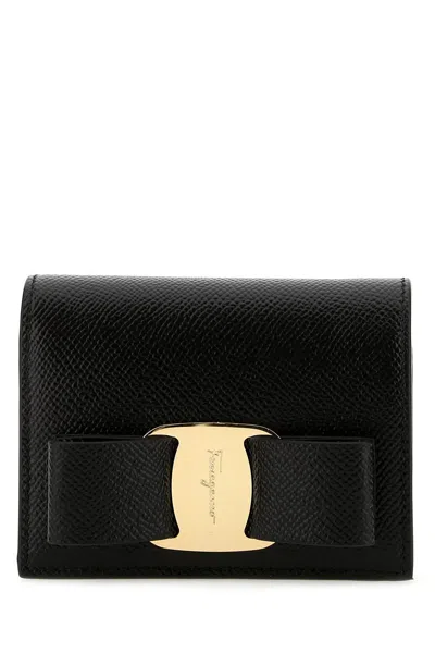 Ferragamo Card Holder With Engraved Logo In Hammered Leather Woman In Black