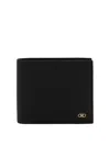 Ferragamo Micro Gancini Black Bi Fold Wallet With Logo In Hammered Leather Man In Negro