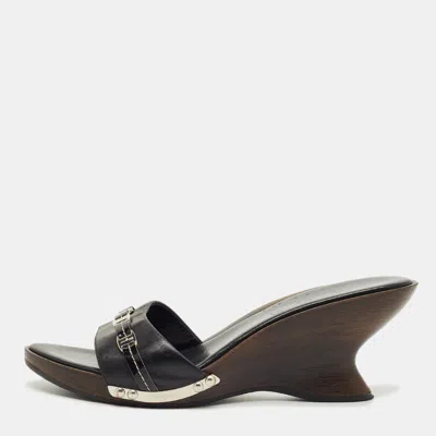 Pre-owned Ferragamo Black Leather Wedge Sandals Size 38.5