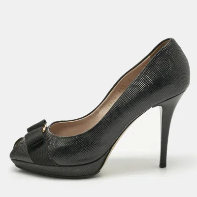 Pre-owned Ferragamo Black Lizard Embossed Leather Peep Toe Pumps Size 39.5