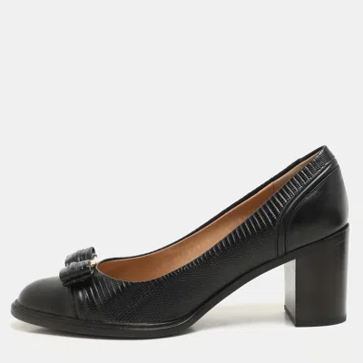 Pre-owned Ferragamo Black Lizard Embossed Leather Vara Bow Block Heels Pumps Size 39