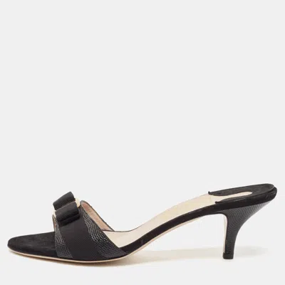 Pre-owned Ferragamo Black Lizard Embossed Leather Vara Bow Slide Sandals Size 40.5