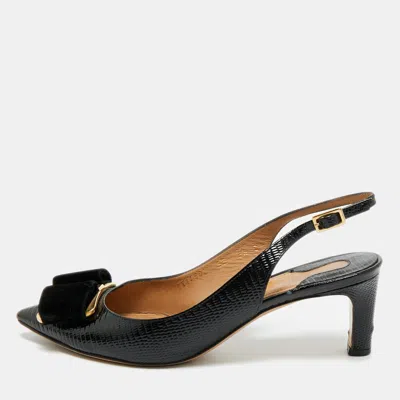 Pre-owned Ferragamo Black Lizard Embossed Leather Vara Bow Slingback Pumps Size 37