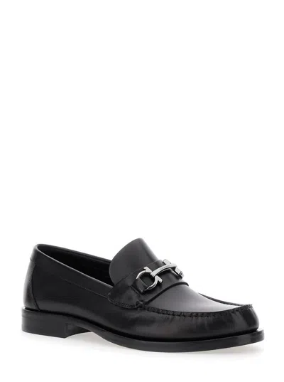 FERRAGAMO BLACK LOAFERS WITH GANCINI ON THE FRONT