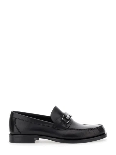 FERRAGAMO FERRAGAMO BLACK LOAFERS WITH GANCINI ON THE FRONT IN LEATHER MAN