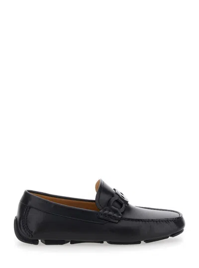FERRAGAMO BLACK LOAFERS WITH GANICINI PLAQUE ON THE FRONT
